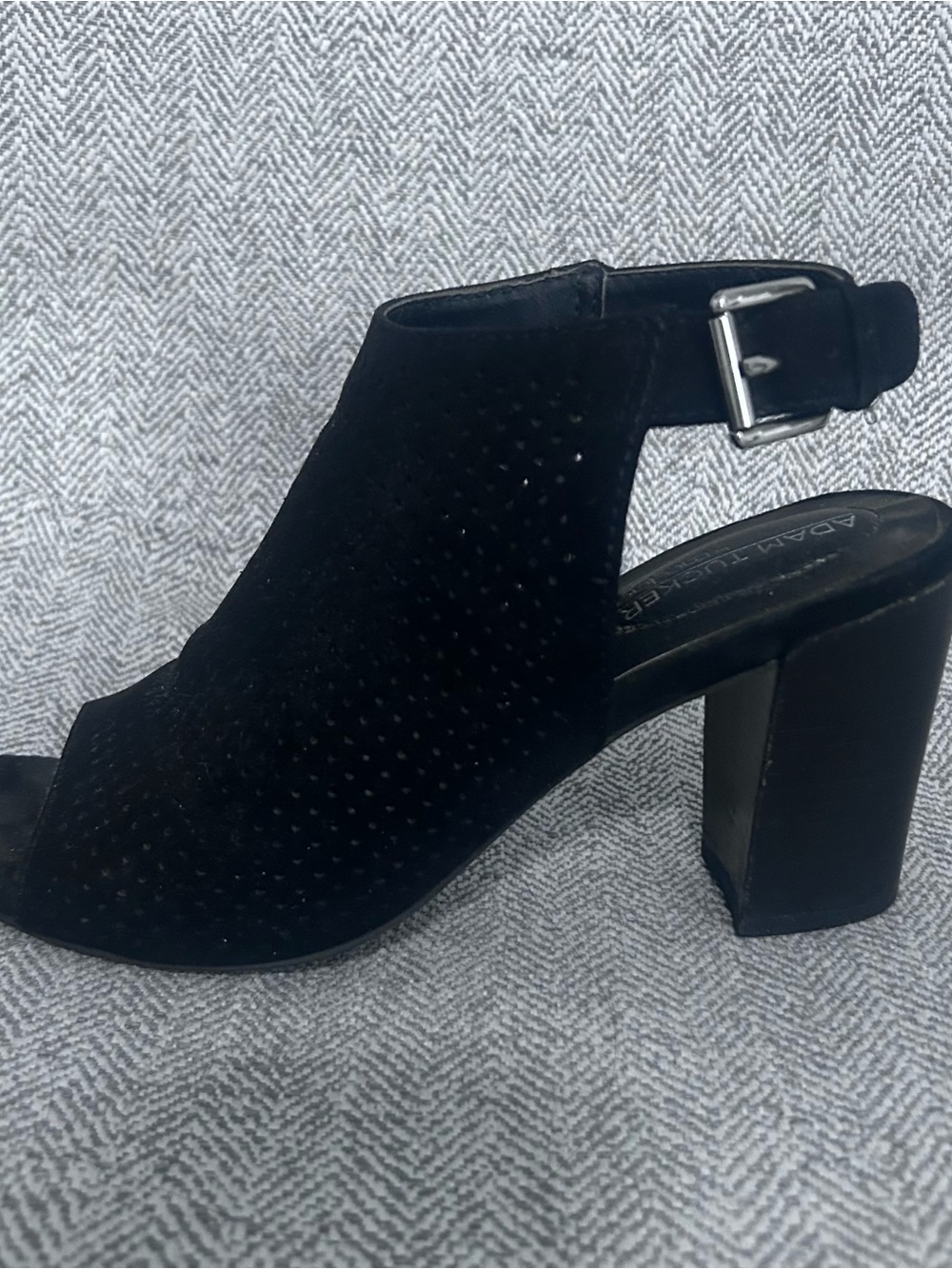 Black suede heels with peep toe